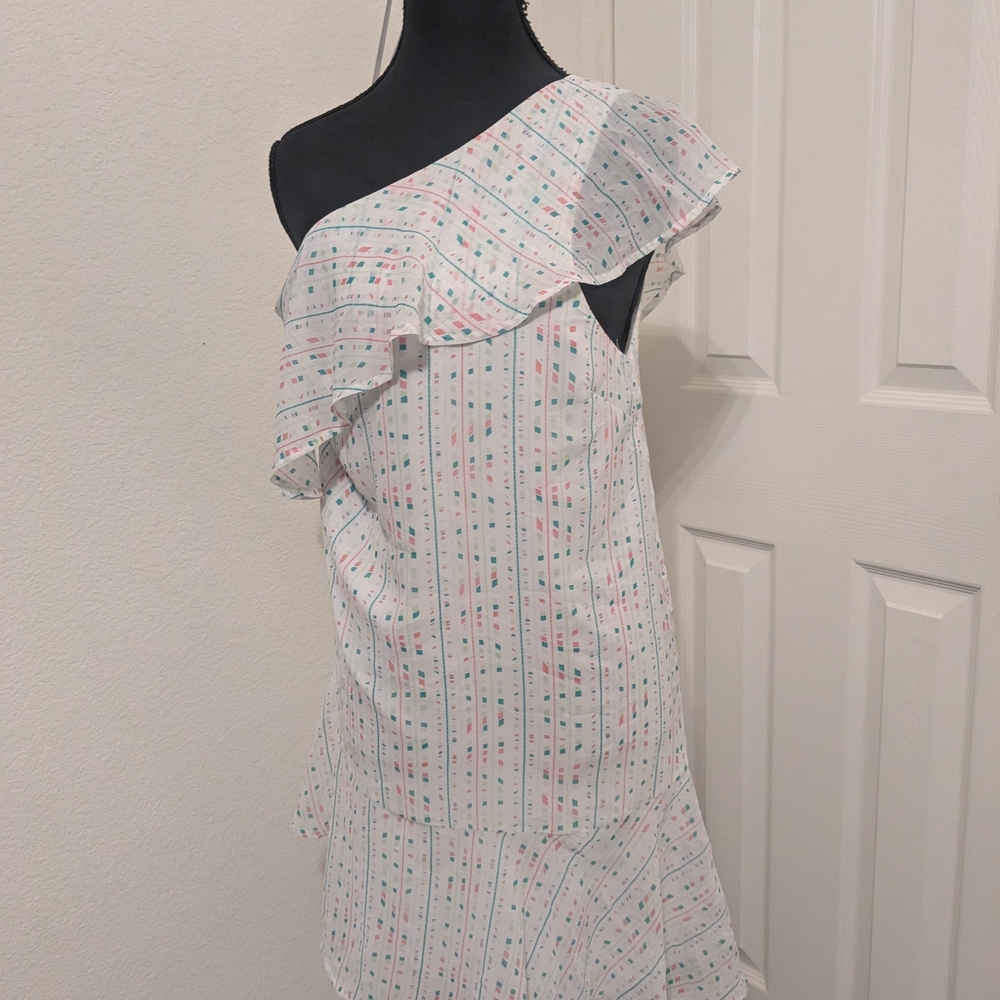 BCBGeneration One Shoulder Ruffle Dress L NWT Pastel Geometric Stripe $98 MSRP